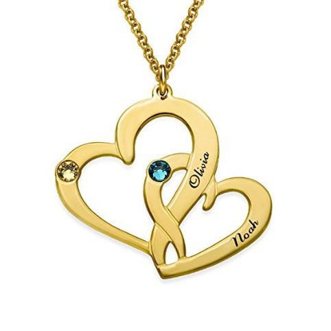 Birthstone Custom Names Connected Hearts Silver Pendant