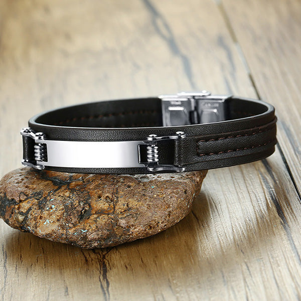 Engraved Leather Bracelet for Him Stainless Steel Black