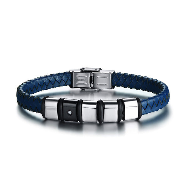 Engraved Braided Leather Rhinestone Mens Bracelet