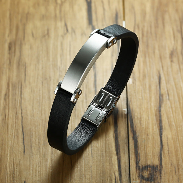 Engraved Leather Bracelet for Him Black