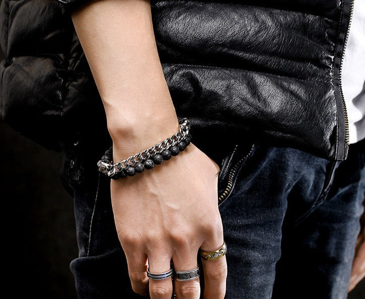 Skull Volcanic Beads Mens Bracelet 18.5cm