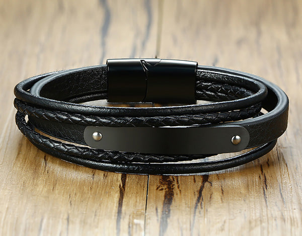 Personalized Leather Mens Wrap Bracelet Gift Black