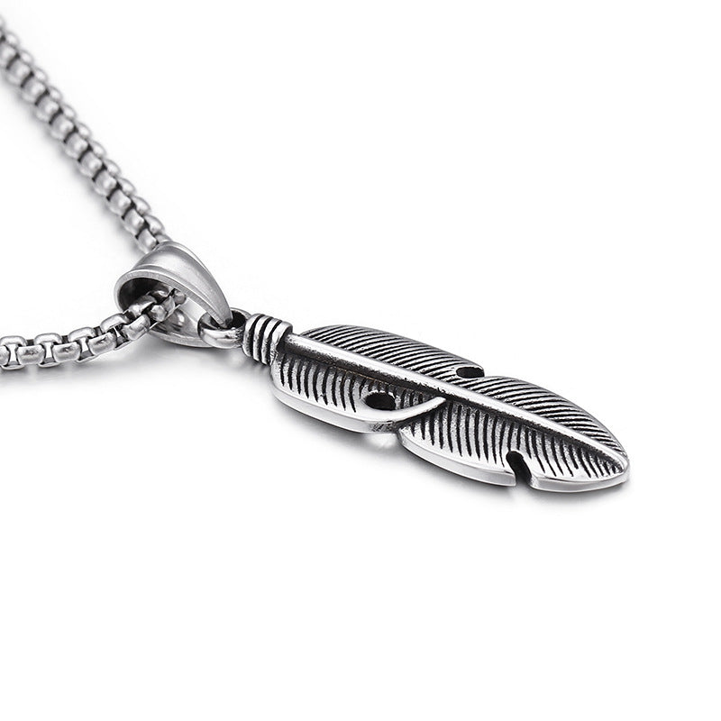Engravable Vintage Feather Mens Pendant Necklace