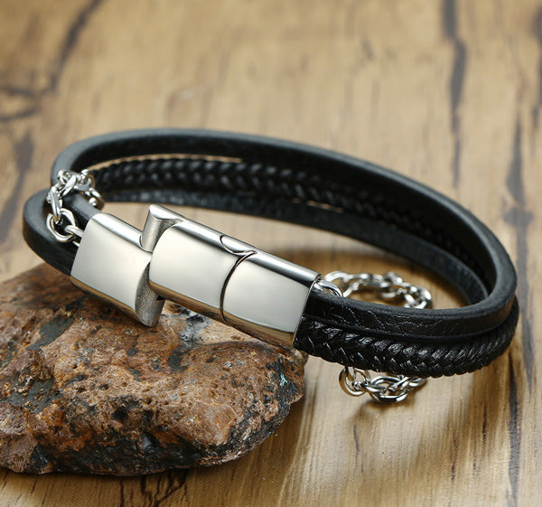 Engraved Mens Jewelry Wrap Bracelet Black