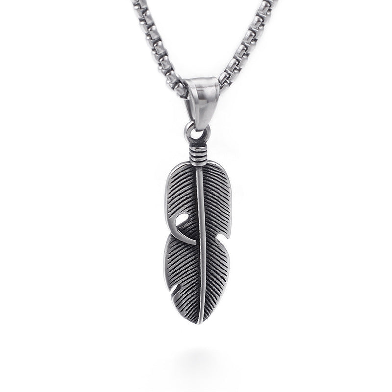 Engravable Vintage Feather Mens Pendant Necklace
