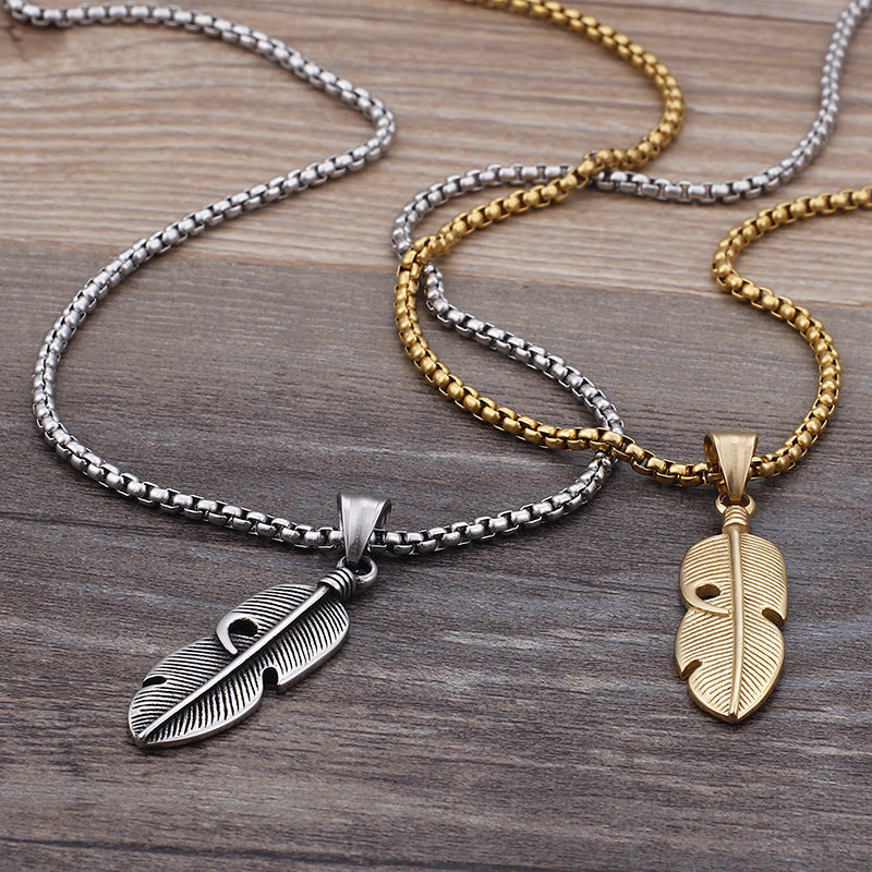Engravable Vintage Feather Mens Pendant Necklace