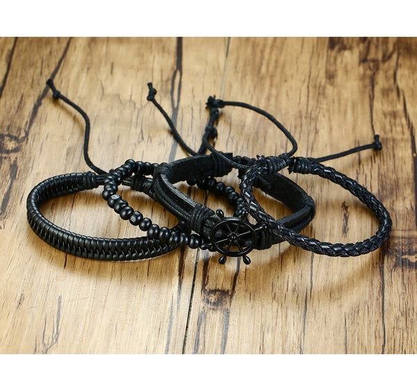 Mens Wrap Bracelet PU Leather Black