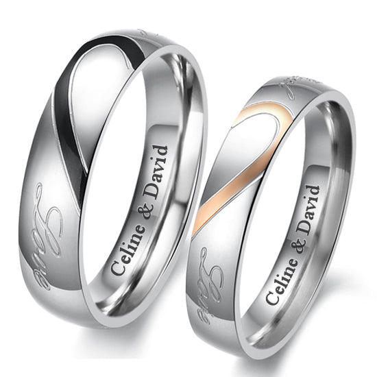 Custom Engraved Matching Half Heart Promise Couples Rings