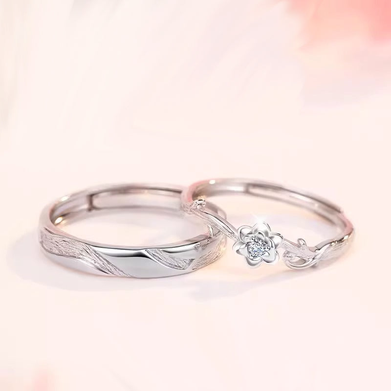 Floral Promise Rings Set - White Gold Engravable Couple Rings
