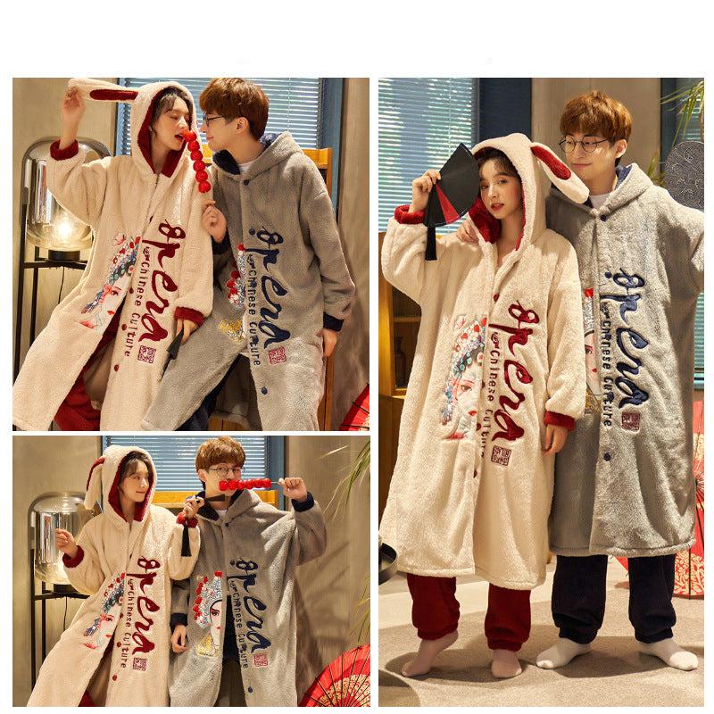 4-Piece Thick Long Pajamas for Couples 100% Coral Flannel