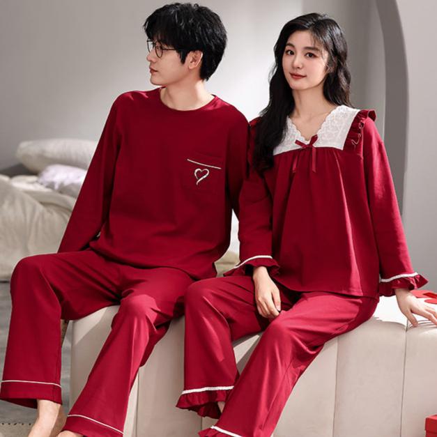 Long Sleeve Red Pajamas Set for Couples 100% Cotton