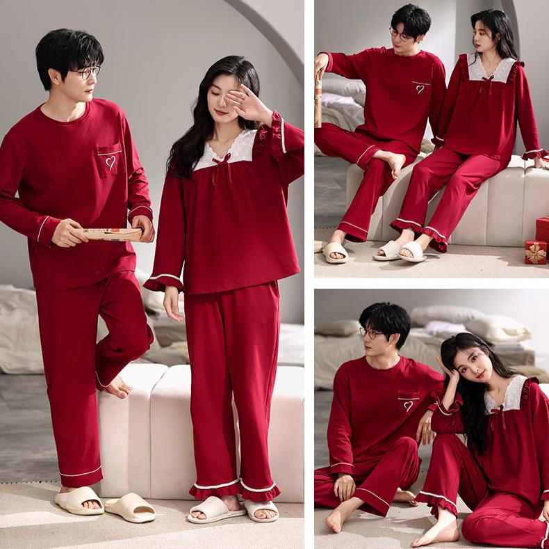 Long Sleeve Red Pajamas Set for Couples 100% Cotton
