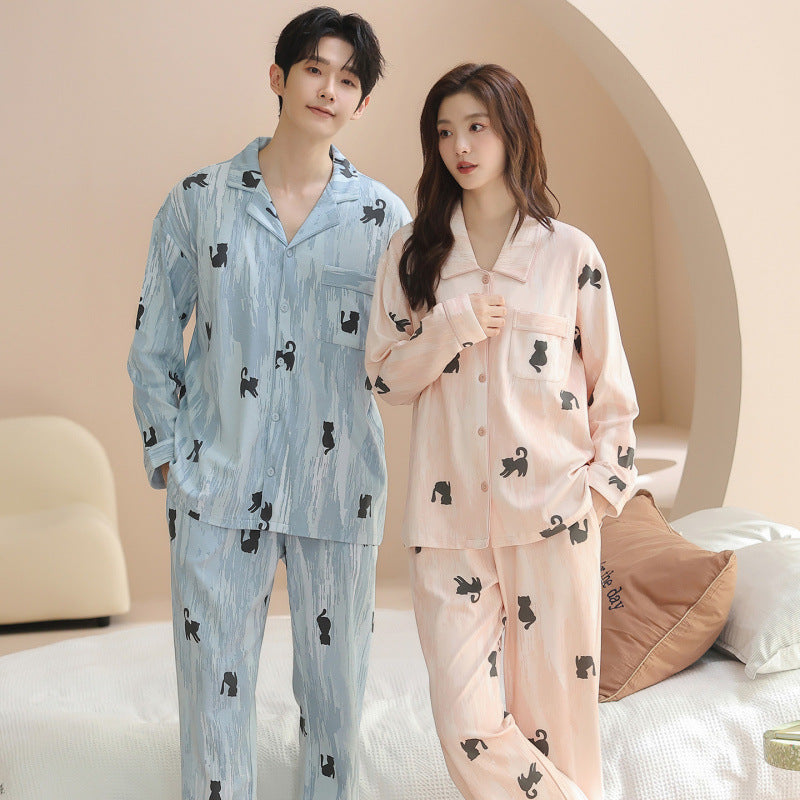 Matching Couple Pajamas Set – 100% Cotton Cat Print with Watercolor Texture