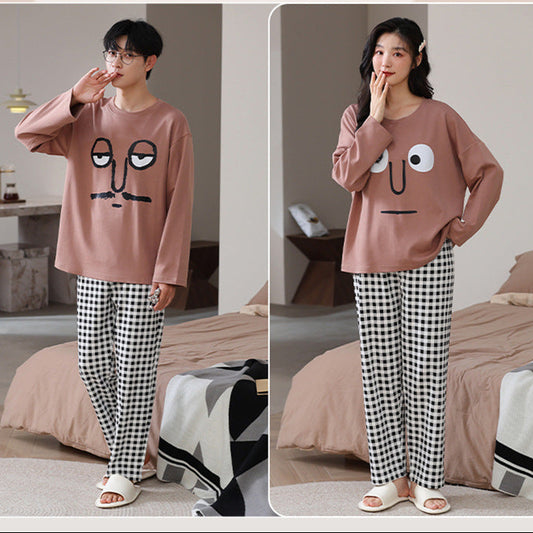 Playful Cartoon Face Gingham Couple Pajamas