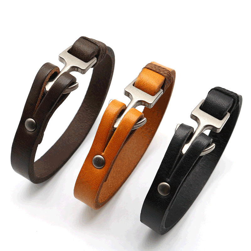 Custom Engraved Mens Anchor Bracelet 22cm Leather