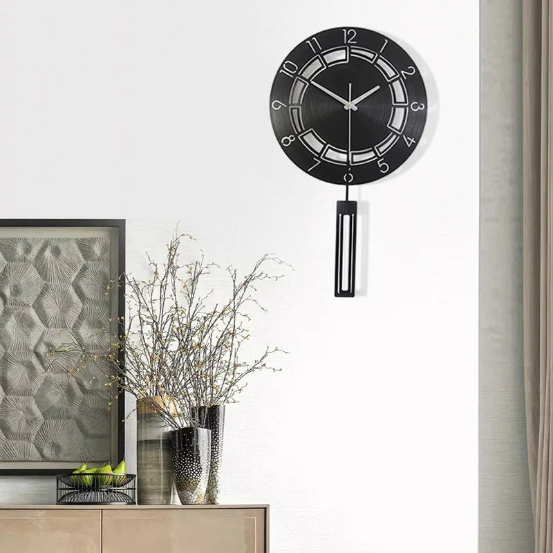Silent Wall Clock with Pendulum – Black Round, 27×42 cm