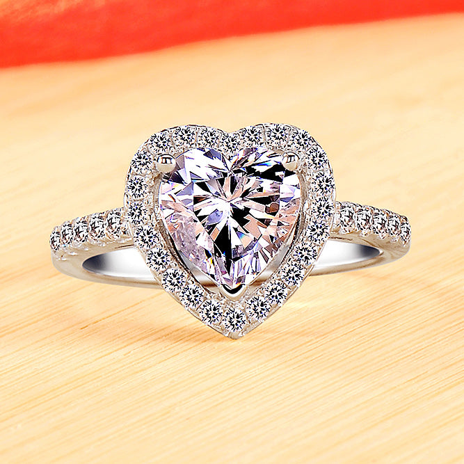 Engraved 0.6ct Heart Shaped Simulated Diamond Ring - Personalized 18K White Gold Plated Sterling Silver