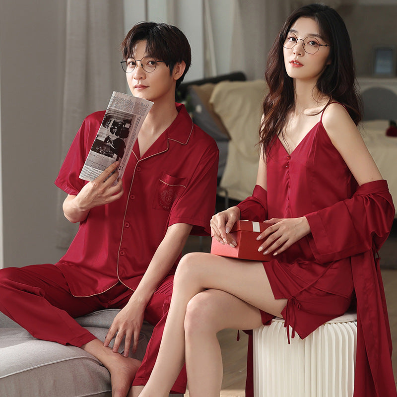 Red Silk Matching Pajamas for Newlyweds | Bride & Groom Set