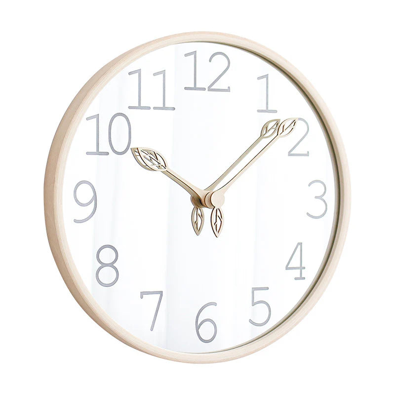 Nordic Mirror Silent Wall Clock – Solid Wood, 12"