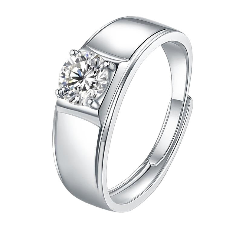 1 Carat Moissanite Mens Ring - Adjustable 18K White Gold Plated 925 Sterling Silver