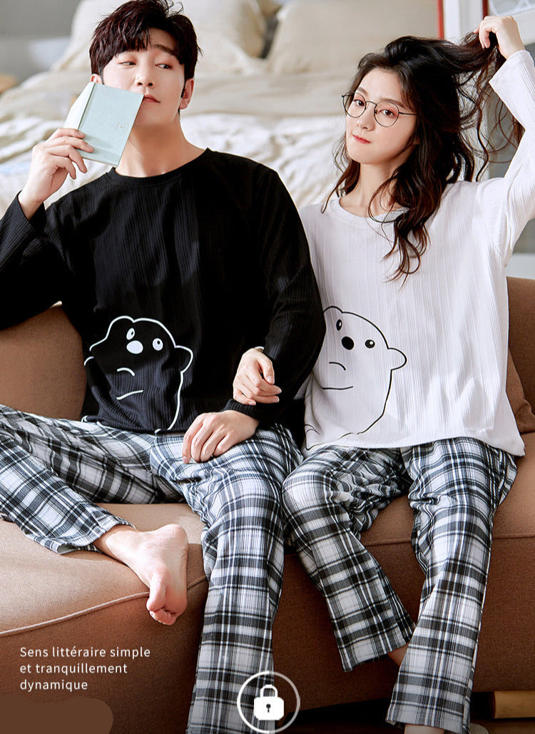 Cute Bear Couple PJs: Matching Long Sleeve Plaid Pajamas