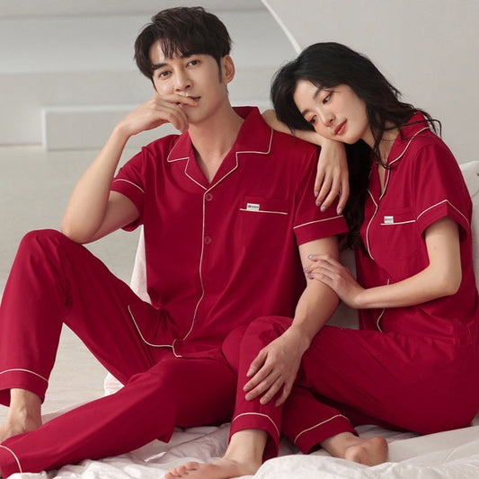Short Sleeve Red Couples Pajamas Set 100% Cotton