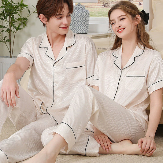Modern Water Ripple Textured Satin Couple Pajamas