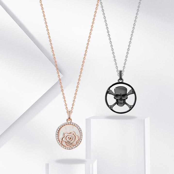 Rose and Skull Couple Necklaces Set for 2