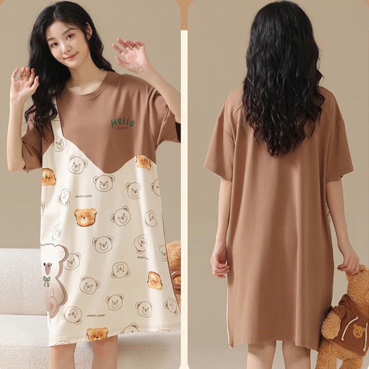 Bear Summer Sleepwear for Couples - Matching Cotton PJs Set (Men's Shorts & Women's Dress)