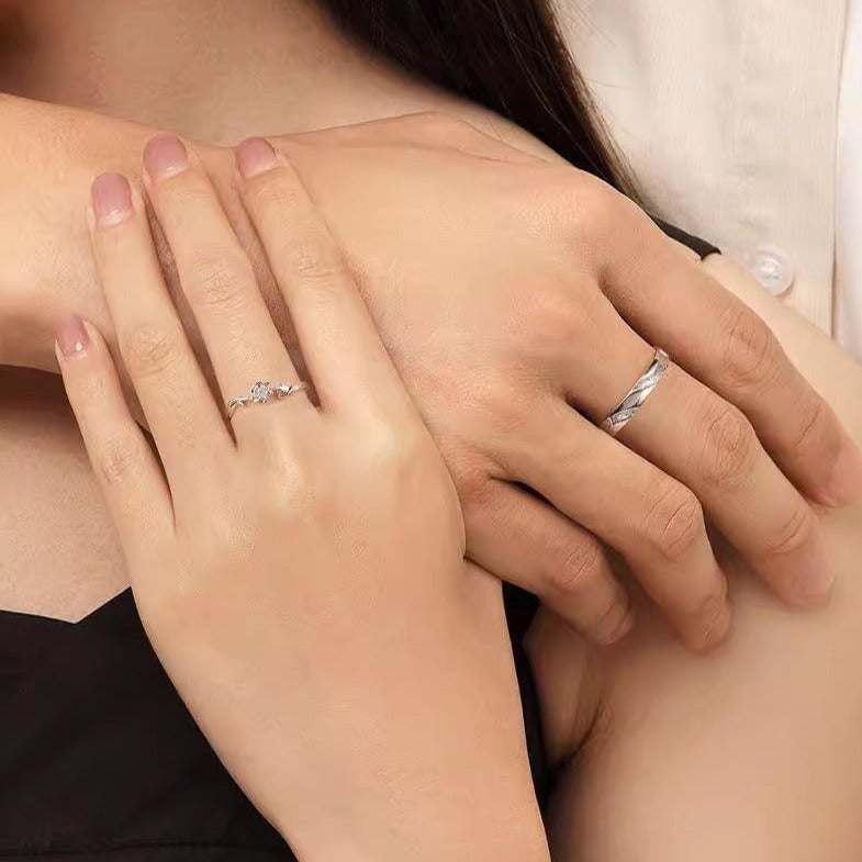 Floral Promise Rings Set - White Gold Engravable Couple Rings