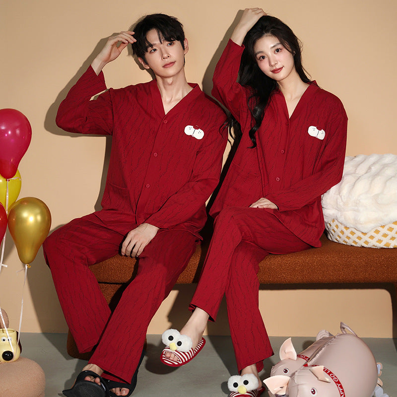 Red Xmas Print Long Sleeve Couples Pajamas 100% Cotton