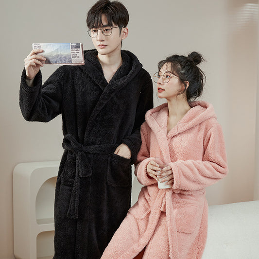 Bathrobe Winter Nightgown Set for Couples Coral Fleece