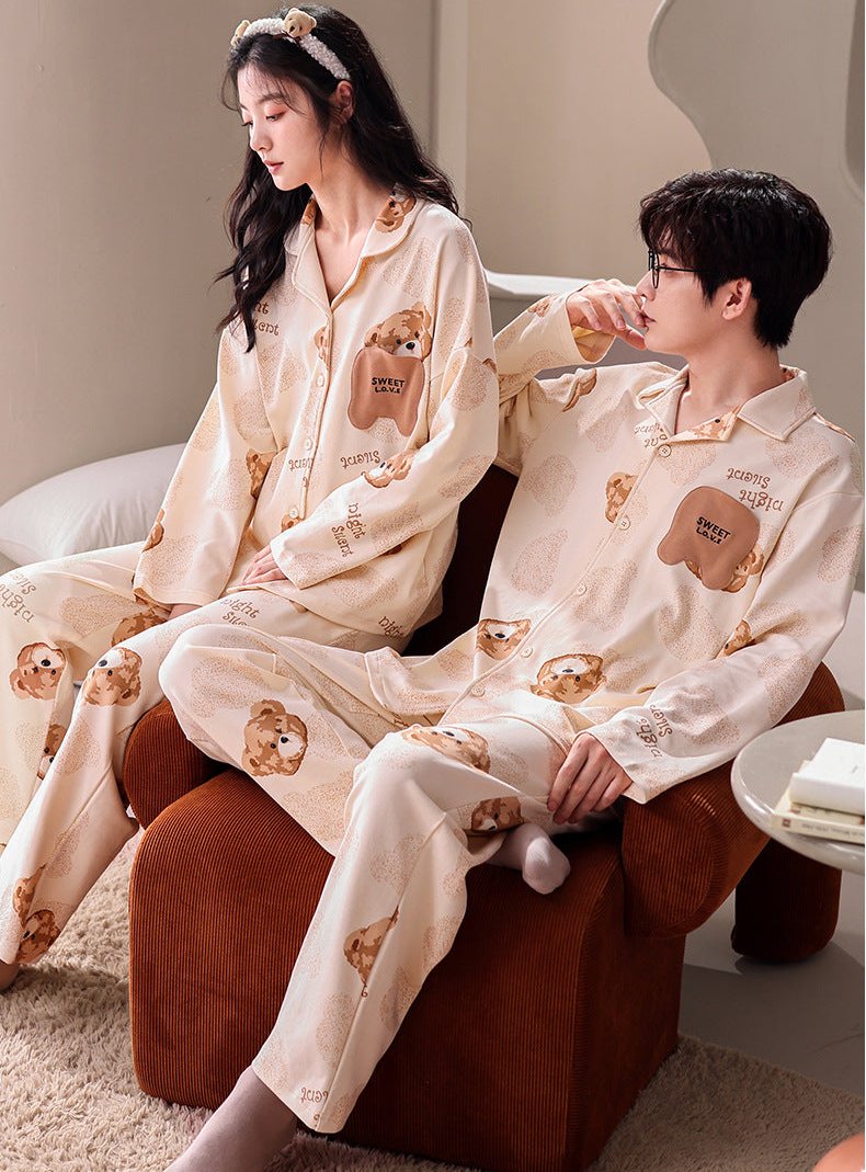 Bear Print Long Sleeves Pajamas Set for Couples 100% Cotton