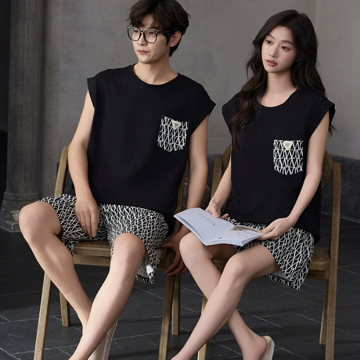 Cool Comfort: Sleeveless Modal Blend Couple Pajamas with Pocket