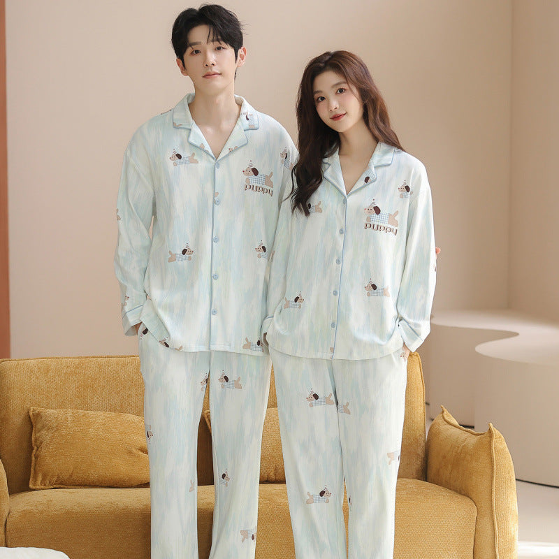Matching Couple Pajamas Set – 100% Cotton Watercolor Puppy Print