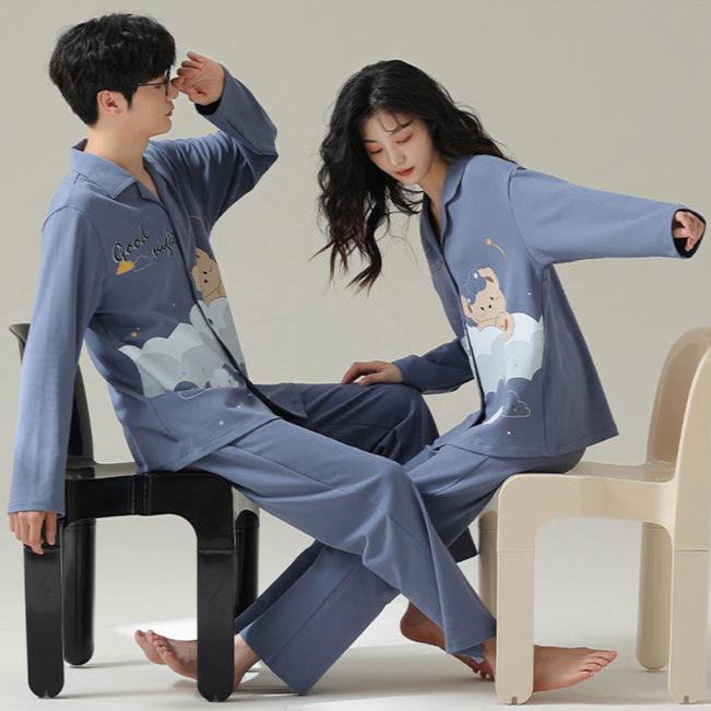 4-Piece Bear Print Couples Nightwear Pajamas 100% Cotton