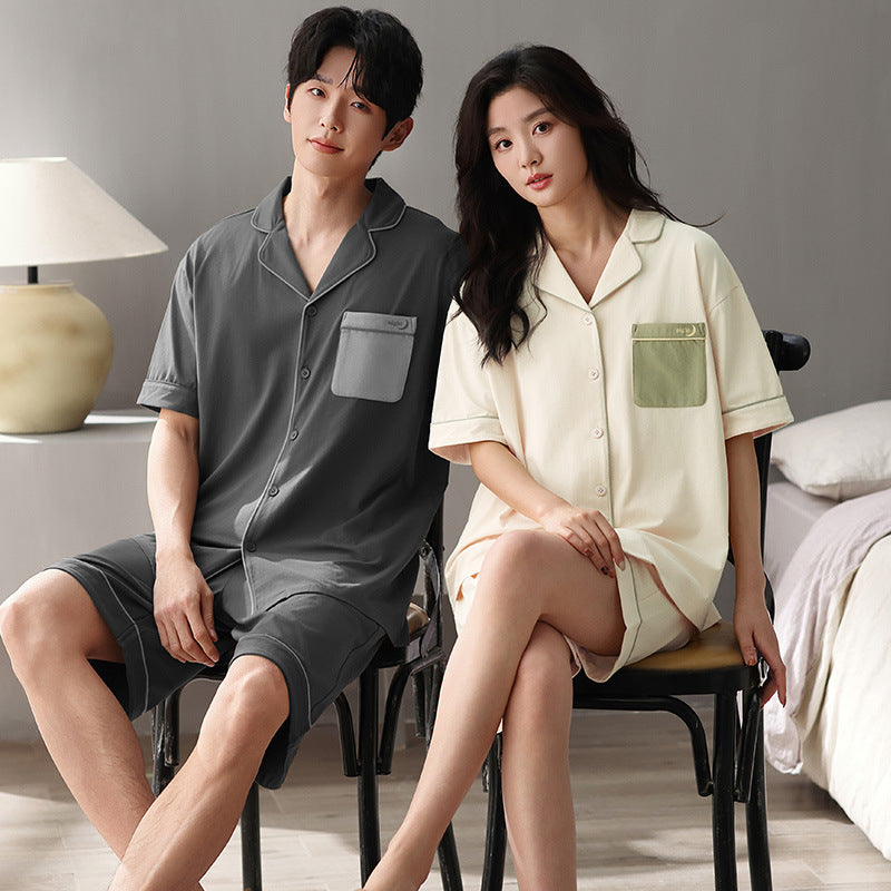 Notched Collar Summer Couple Pajamas - 100% Cotton Set