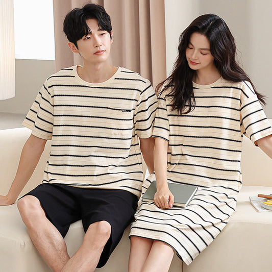 Thin Striped Couple PJs - Cotton Tee & Short Dress