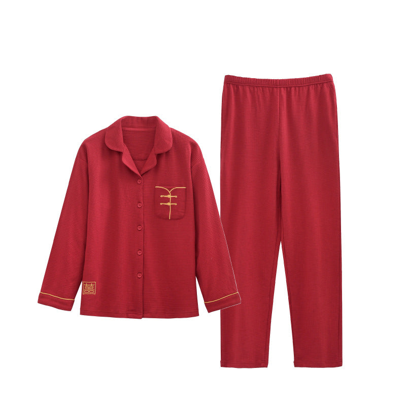 Long Sleeves Red Chinese Matching Sleepwear Set 100% Cotton
