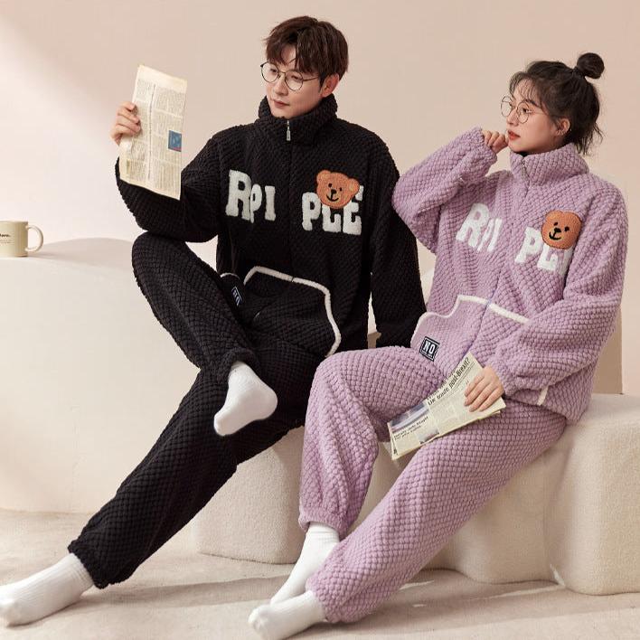 4-Piece Bear Winter Thick Flannel Couples Pajamas Set