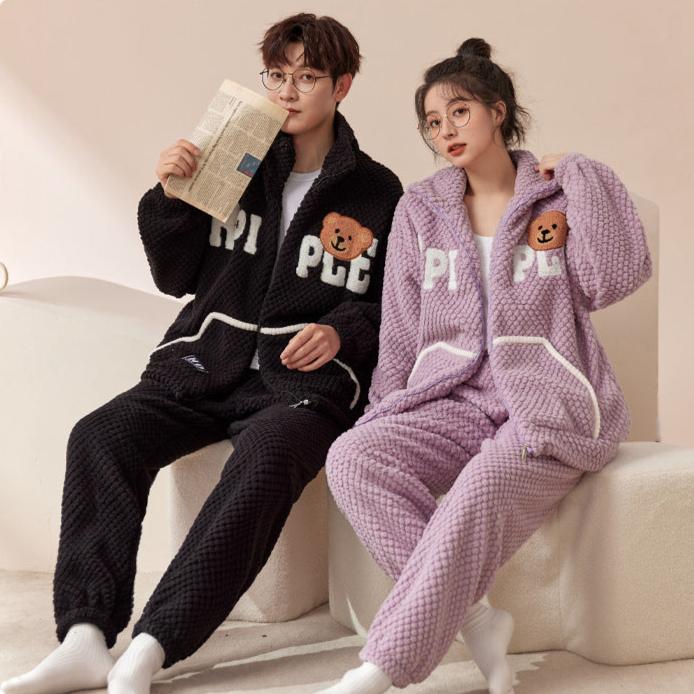 4-Piece Bear Winter Thick Flannel Couples Pajamas Set