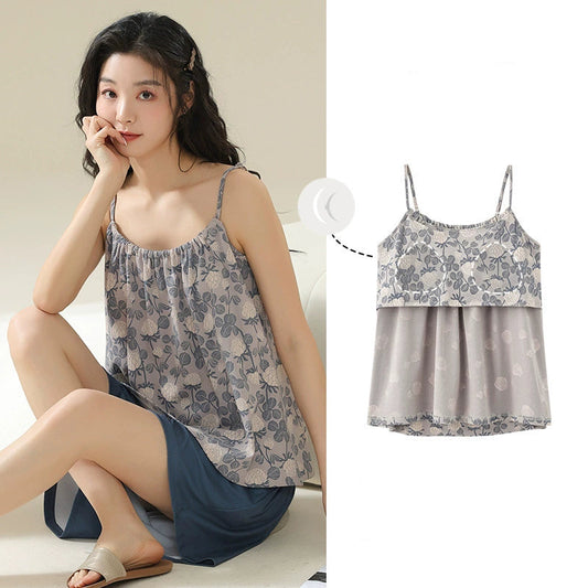 Gullei™ Floral Sleeveless Sling Pajamas Bra Pads Cotton
