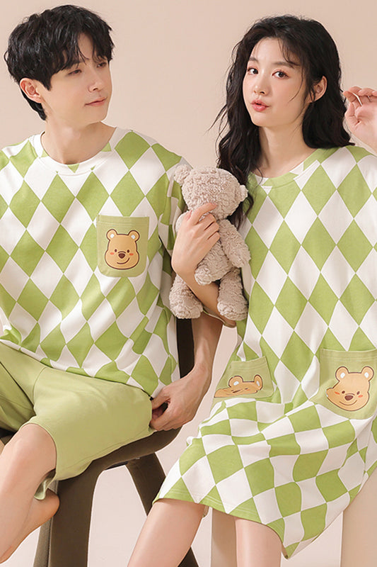 Vibrant Diamond Print Couple's Set | Cheerful Bear Pocket Design