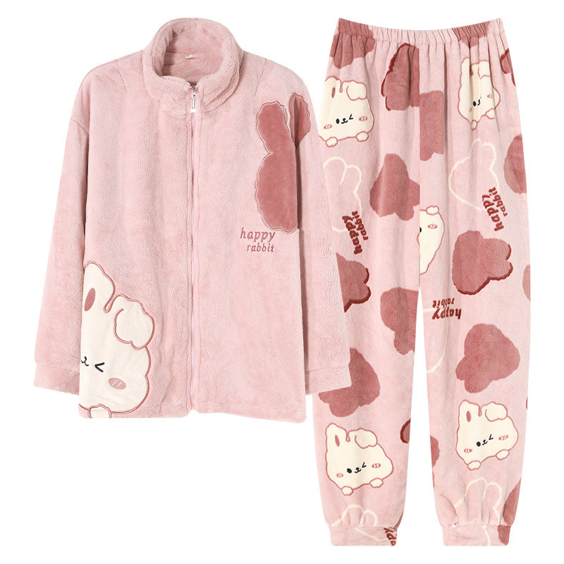4-Piece Winter Thick Flannel Couples Cute Pajamas Set