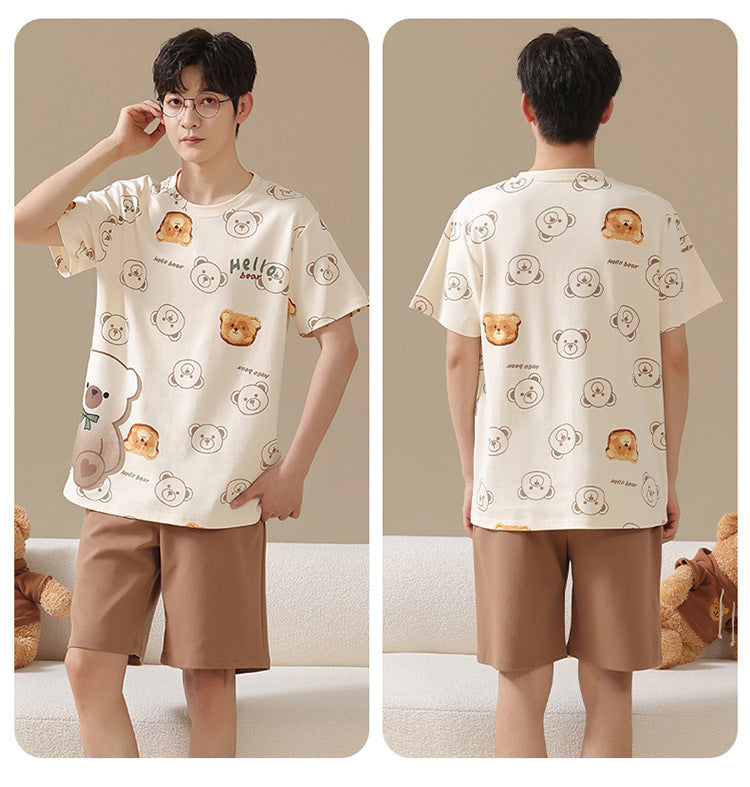 Bear Summer Sleepwear for Couples - Matching Cotton PJs Set (Men's Shorts & Women's Dress)