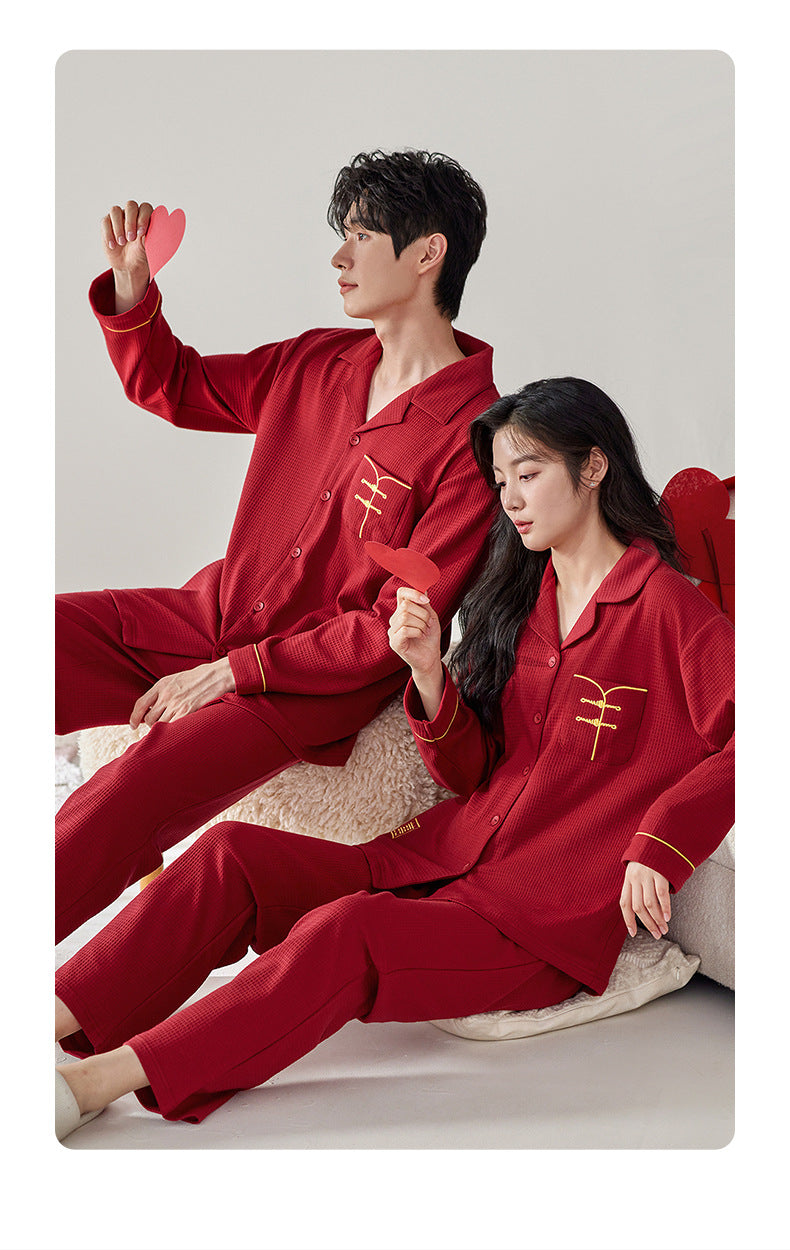Long Sleeves Red Chinese Matching Sleepwear Set 100% Cotton