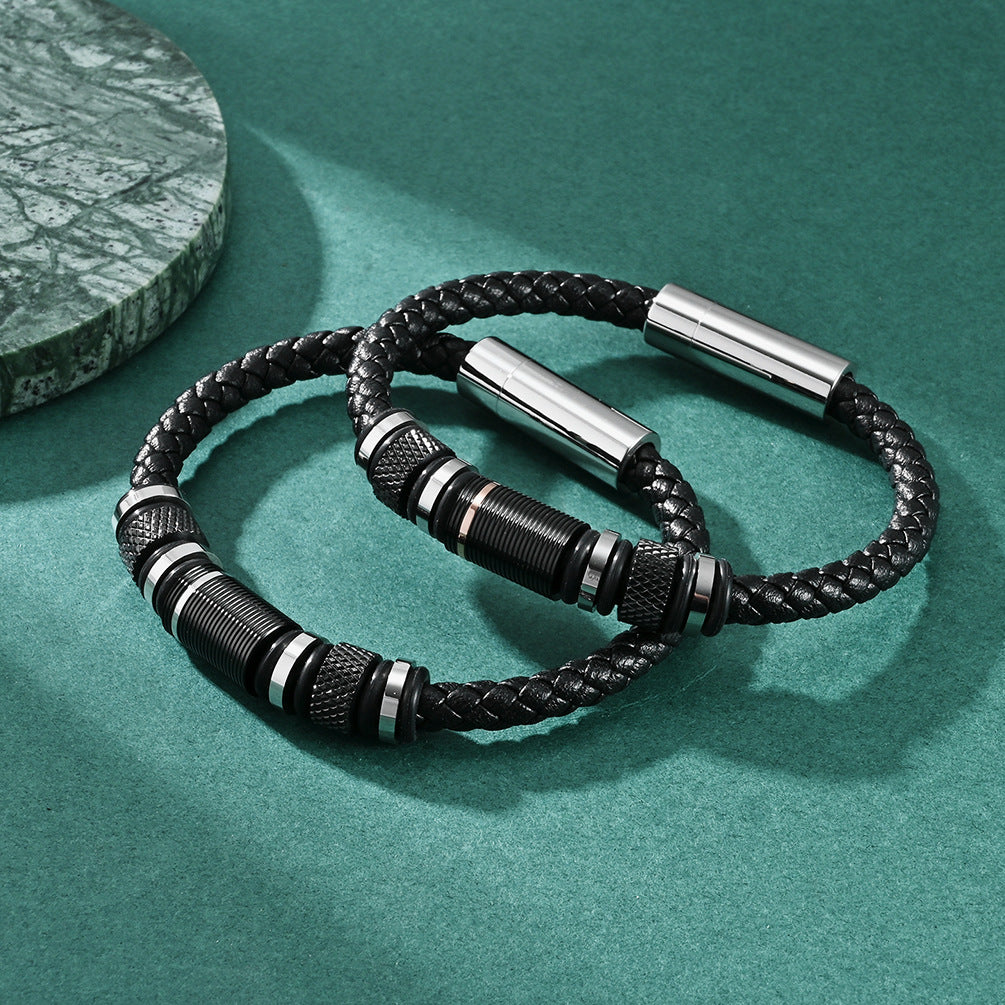 Custom Engraved Mens Bracelets Black Leather 8.5 Inches