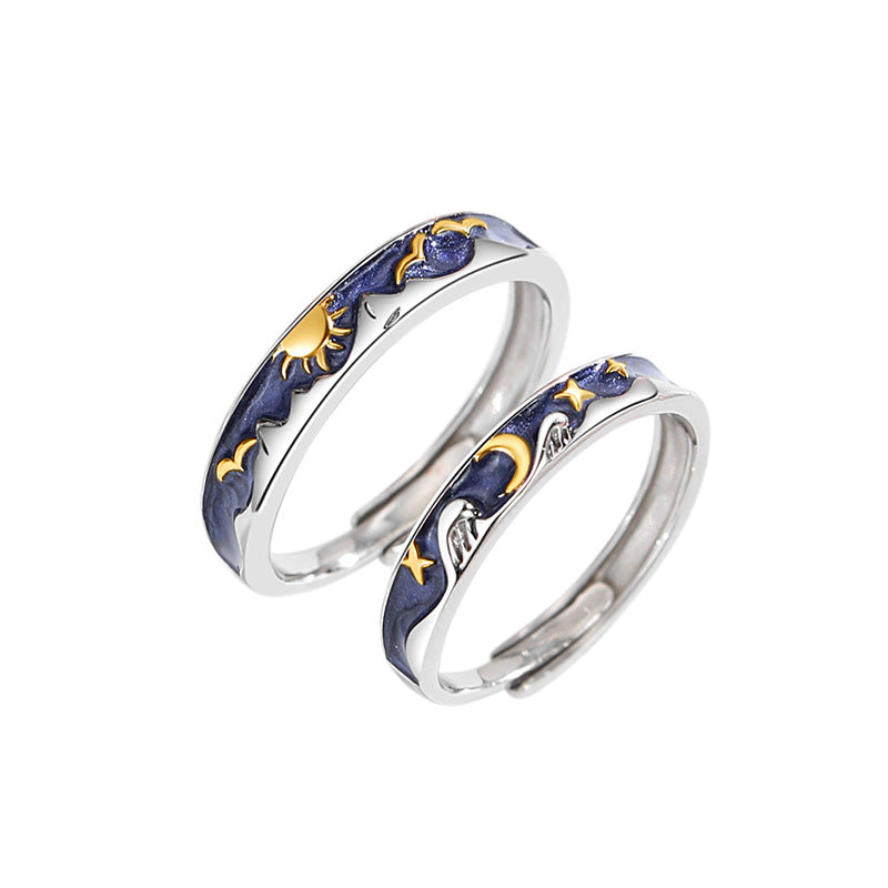 Engraved Sun and Moon Couple Rings Set for Two - Adjustable Size