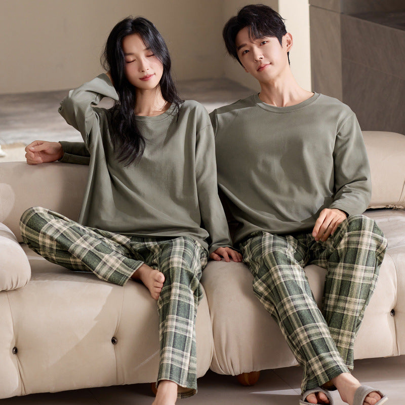 Matching Couple Pajamas Set – Green Plaid, Soft Cotton Minimalist Style
