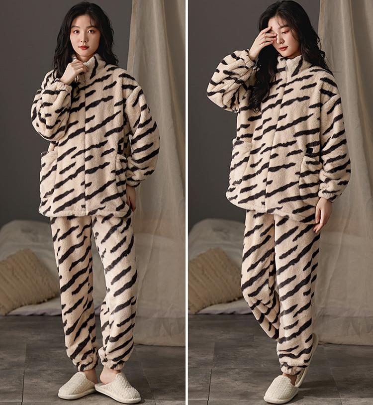 4-Piece Zipper Coral Flannel Pajamas for Couples